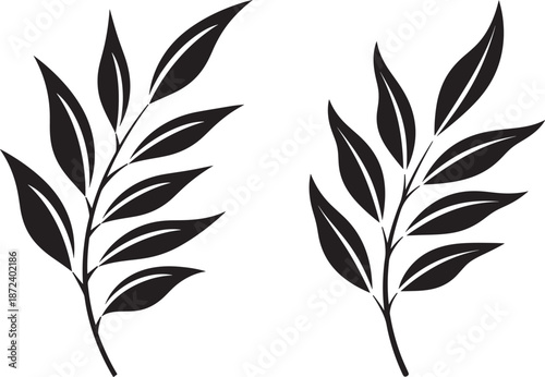 Simple black silhouette of leafy branch stems isolated on white background for decorative botanical design.