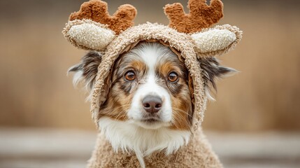 A dog wearing a reindeer costume looks directly at the camera with a curious expression.