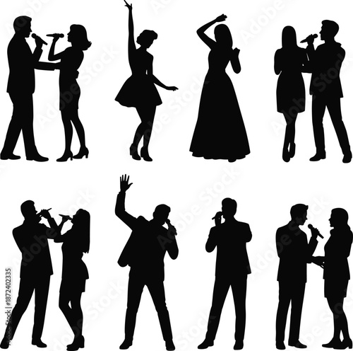 Singer silhouettes performing live music, male and female vocalists with microphones, concert performance figures isolated white background illustration