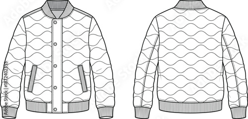 Technical flat sketch of quilted bomber jacket, front and back view with wave stitching, fashion template, flat vector illustration