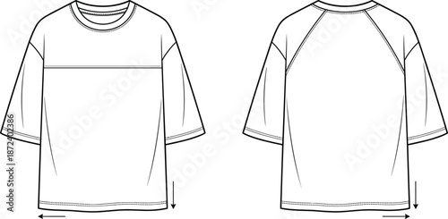T-shirt technical vector sketch, front and back view, raglan sleeve, chest seam, fashion flat drawing, flat vector illustration
