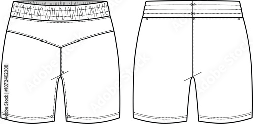 Technical sketch of elastic waistband shorts, front and back view, V-yoke, rivet detail, flat vector illustration