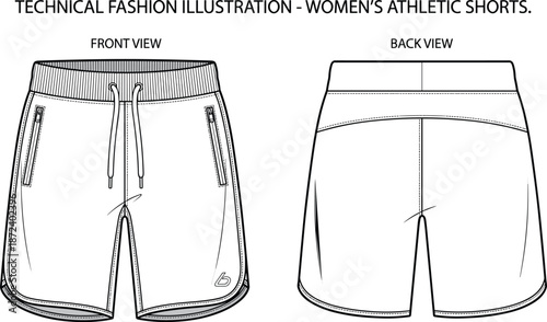 Women’s athletic shorts technical sketch, front back view, drawstring waistband, zip pockets, fashion flat, vector garment illustration