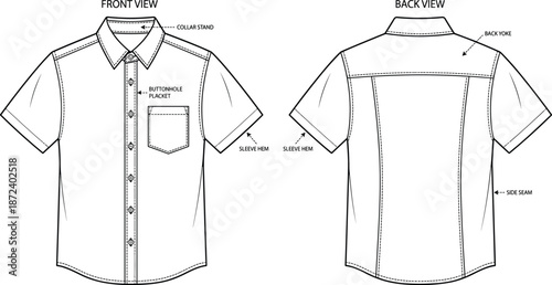 Short sleeve button-up shirt technical sketch, labeled fashion flat, collar placket yoke seam, garment construction template, vector illustration