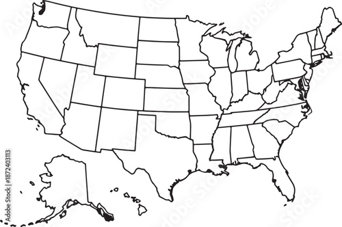 Black and white outline map of the United States with state borders highlighted also transparent background