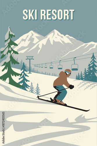 Ski Resort Winter Vacation Snowy Mountain Landscape with Skier and Ski Lift