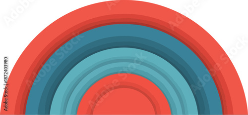 Multicolored stacked rainbow shapes in red blue and teal hues on white background