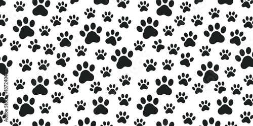 Charming seamless pattern of various black animal paw prints scattered playfully across a clean white background, perfect for pet-themed designs