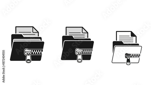 Folder with Document and Zipper Icon Set for Data Compression and Secure File Management