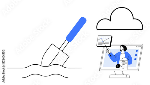 Data management concept. Data visualization in online presentations supports cloud computing and analysis trends. Data integration aids industries in cloud tech, business, tech training, research