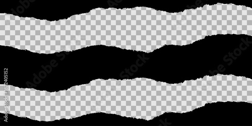 black and white torn paper. Torn black paper with ripped edge. Abstract torn background. Realistic dark empty scrap backdrop with strip space for text