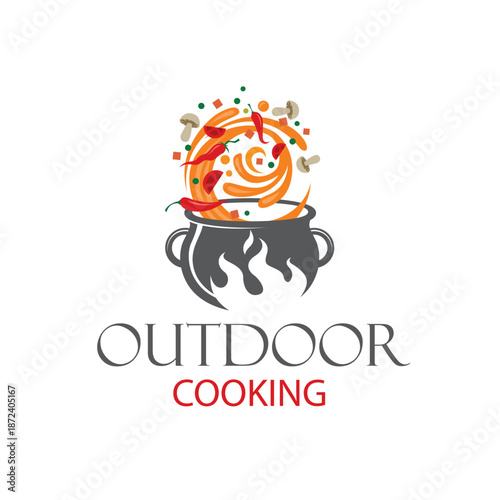 outdoor cooking process on cauldron isolated on white background