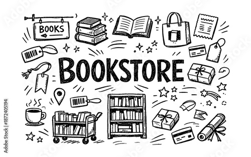 Hand-drawn doodle illustration of a bookstore with books, shopping bags, and gifts