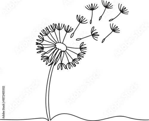 Continuous Line Art Illustration of Dandelion Head Releasing Seeds in Air