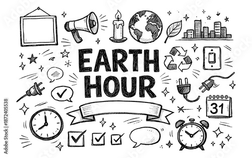 Doodle collection for Earth Hour celebration with environmental symbols and clocks