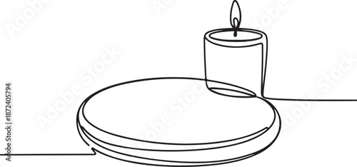 Continuous Line Art Illustration of Round Cushion with Candle Beside