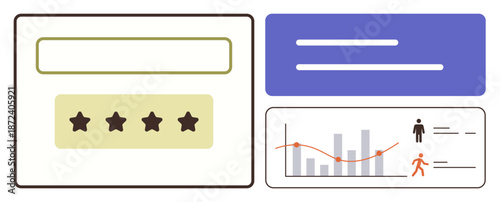 User experience, data analysis, customer feedback, business insights, rating systems, performance metrics. Graphics of a rating system, bar chart and statistics. Customer feedback and data analysis