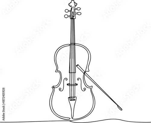Continuous Line Art Illustration of Upright Cello with Bow Angled Alongside