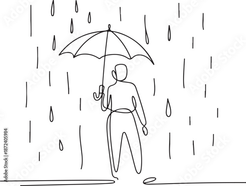 Continuous Line Art Illustration of Figure Holding Umbrella on Rainy Street