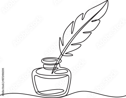 Continuous Line Art Illustration of Antique Ink Bottle with Curved Feather Quill Pen