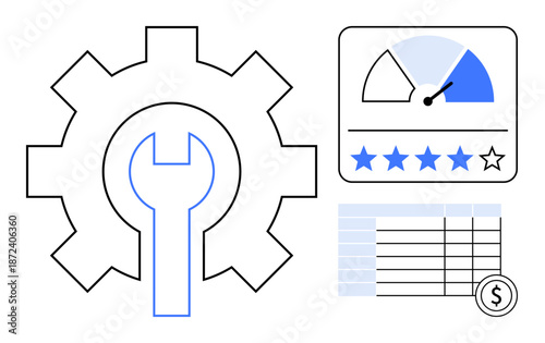 Performance optimization. Gear and wrench highlight tools for performance optimization. Dashboard ratings and financial data reflect key concepts. Ideal for analytics, productivity, finance