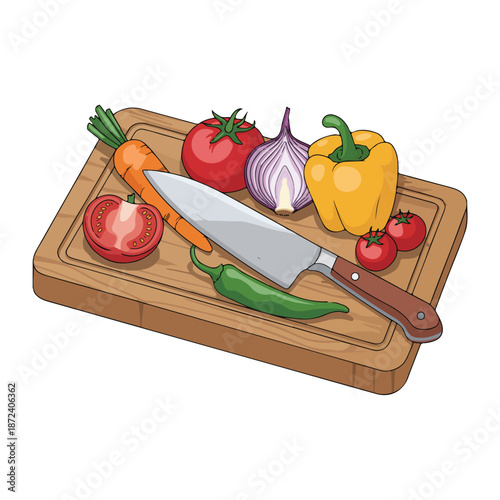 Fresh healthy red tomatoes and green peppers on a wooden cutting board with a kitchen knife for cooking a vegetarian salad dinner