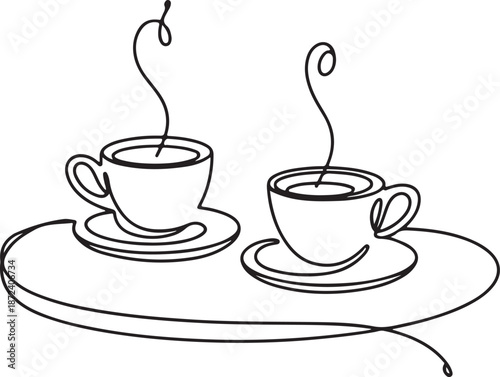 Continuous Line Art Illustration of Café Counter with Two Steaming Cups and Saucers