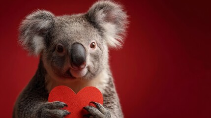 A cute koala bear holding a red heart in front of a dark red background