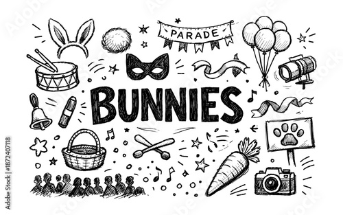 Hand-drawn illustration of a festive bunny parade with musical notes and party elements