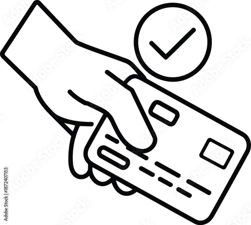 A Minimalist Vector Line Icon Showing a Hand Holding a Credit Card with a Checkmark, Representing Successful and Secure Digital Payments.