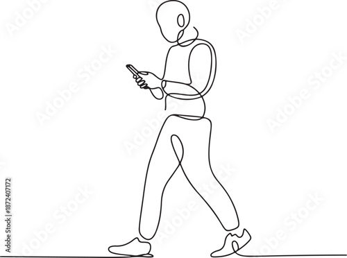 Continuous Line Art Illustration of Figure Strolling While Checking Phone