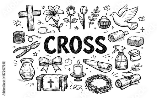 Doodle collection of religious and funeral symbols with the word CROSS