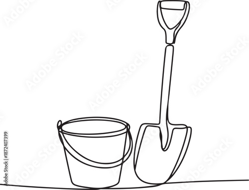 Continuous Line Art Illustration of Small Bucket Tipped Over Beside Short-Handled Shovel