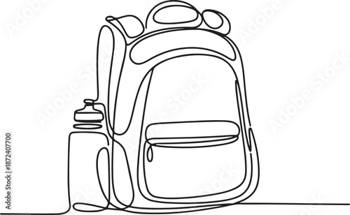 Continuous Line Art Illustration of Backpack with Side Water Bottle
