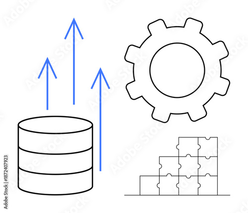 Data management concept. Data growth with database icon, process optimization ed by a gear, and puzzle blocks integration. Ideal for technology, business innovation, cloud computing, IT solutions