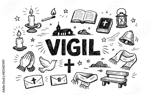 Hand-drawn illustration of vigil symbols including candles, church, bible, and praying hands