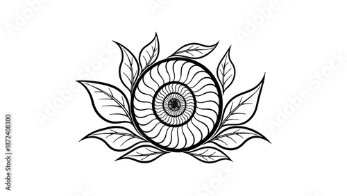 Black and white illustration of a nautilus shell surrounded by leaves.