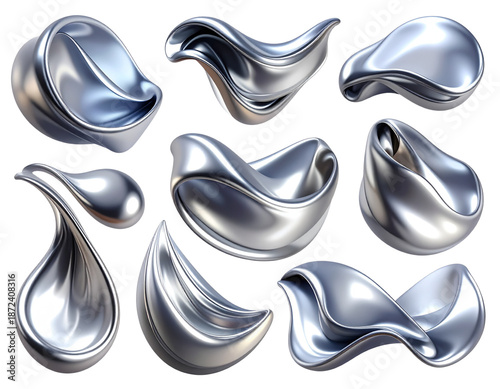  Minimal Metallic Silver Fluid Shapes Collection with Smooth Reflections, Abstract Design Assets, Isolated.