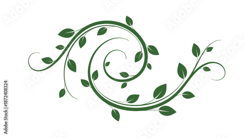 Elegant green leafy swirl design element on white background.