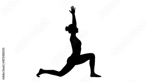 Silhouette of a woman practicing yoga in a lunge position with arm raised.