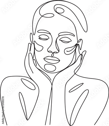 Continuous Line Art Illustration of Hands Gently Applying Cream to Face