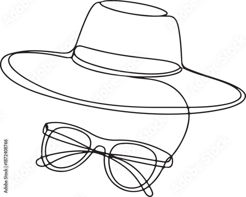 Continuous Line Art Illustration of Wide-Brimmed Sun Hat and Sunglasses Laid Together