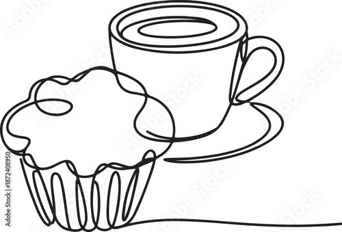 Continuous Line Art Illustration of Fluffy Muffin Beside Coffee Cup with Cozy Breakfast Aesthetic