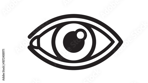 A close-up illustration of an eye with a prominent pupil and iris, depicted in a simple black and white style