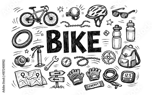 Hand-drawn collection of bicycle and cycling accessories in doodle style