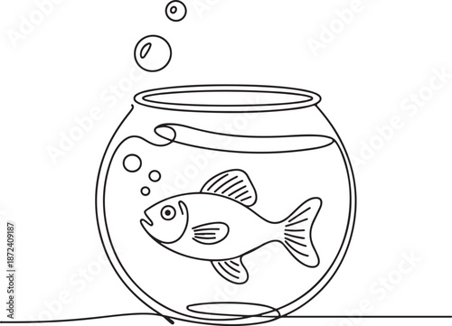 Continuous Line Art Illustration of Small Fish Inside Glass Bowl with Simple Bubbles