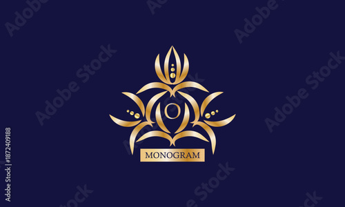 Monogram design template with letter O in the center and place for text. Elegant company branding, emblem, invitation, label, business sign.