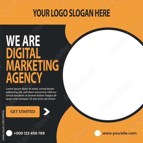 Digital Marketing Agency – Black and Orange Promotional Flyer with Circular Frame and Call to Action
