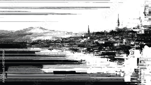 Glitchy distorted cityscape with mountain and steeples in the background with white sky and water