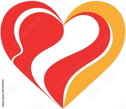 Modern abstract heart symbol in vibrant red and warm orange, featuring dynamic flowing lines that represent love, connection, and wellbeing with a sleek, contemporary design for various applications